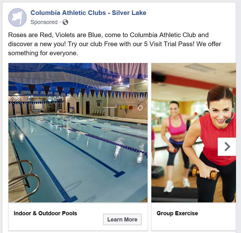 Facebook advertisement we ran for Columbia Athletic Clubs.
