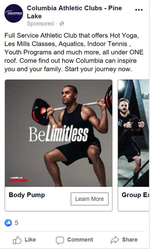 Facebook advertisement we ran for Columbia Athletic Clubs.