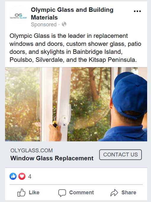 Facebook advertisement we ran for Olympic Glass.