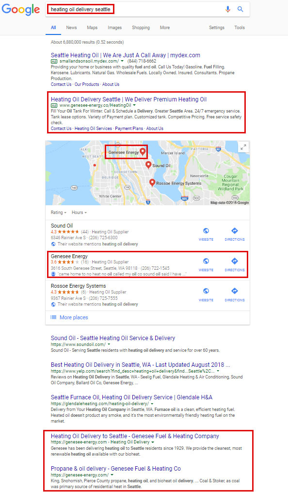 Search results for Genesee Energy showing high google rankings.