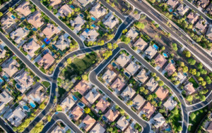 Ariel view of a large urban neighborhood.