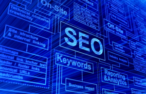 Diagram of core elements to SEO: Keywords, Analytics, External Influences, etc